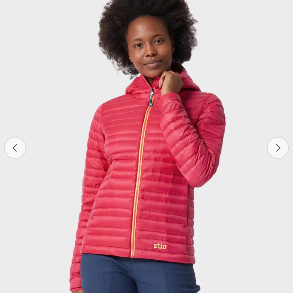 Stio Women's Pink Hooded Down Jacket with Yellow Trim - Picture 2 of 11